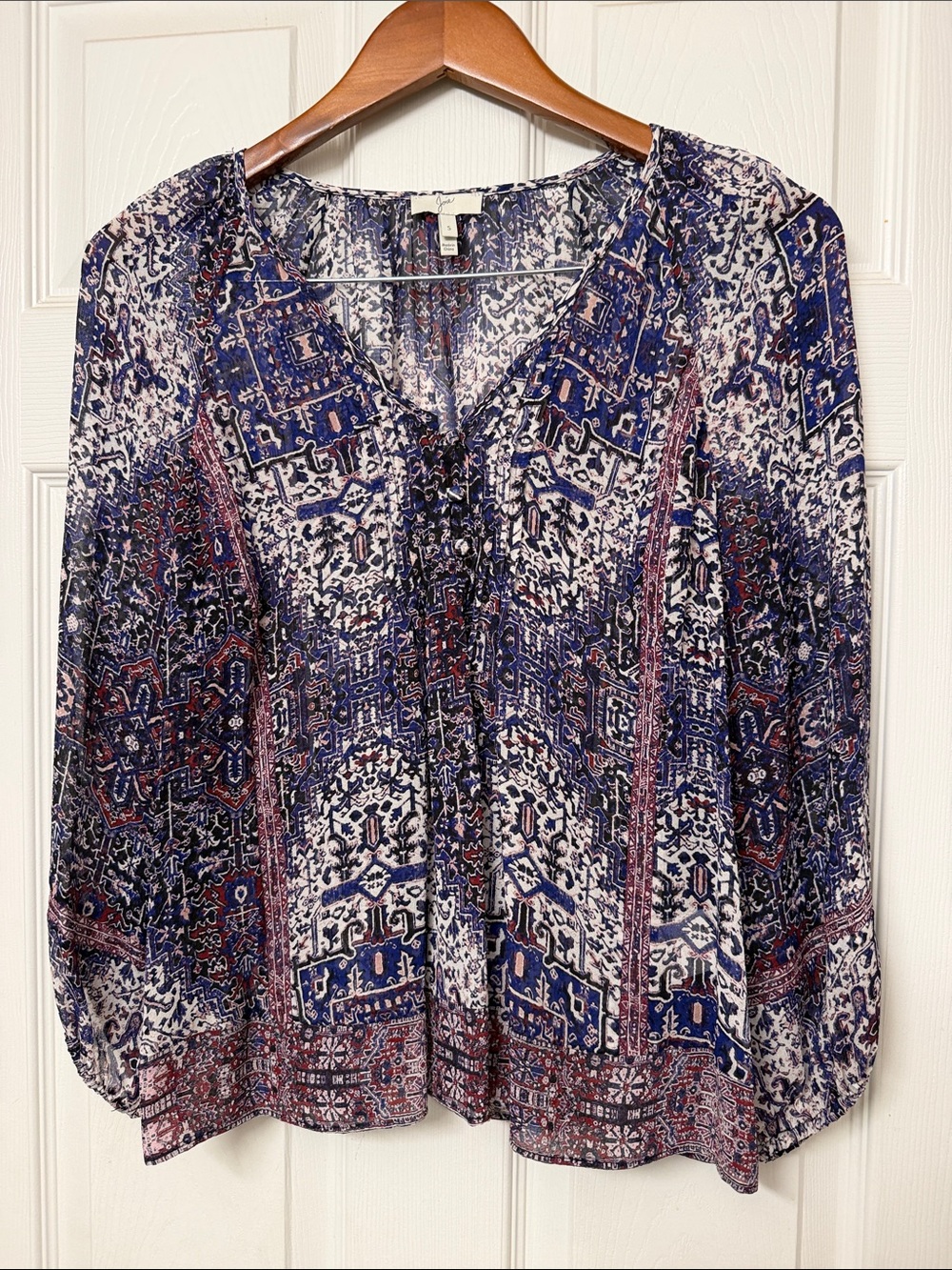 Joie Navy, White and Red Printed Peasant Tie-Front Blouse